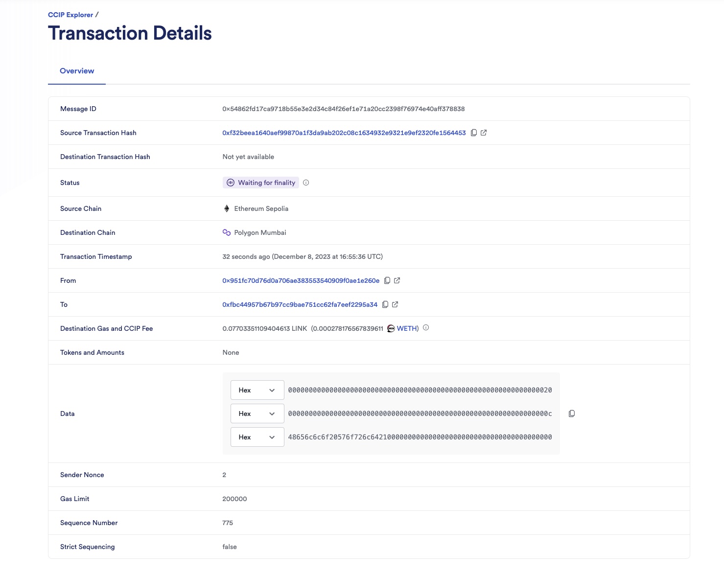 Chainlink CCIP Explorer transaction details